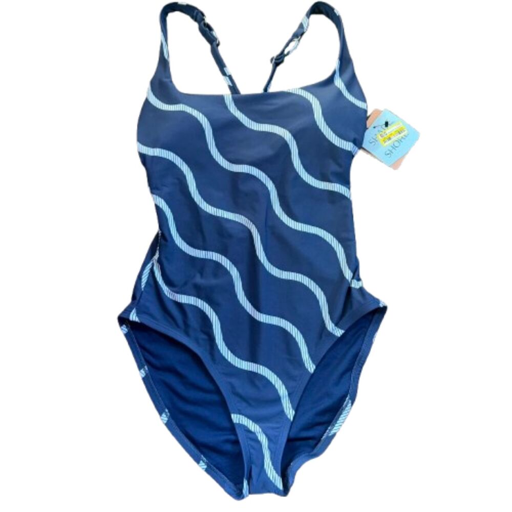 Shade & Shore NWT Navy Blue Striped Full Coverage One Piece Swimsuit Size L
